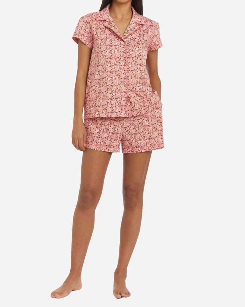 Front of a model wearing a size XXL Liberty Print Floral Cotton Classic Short Pj Set in Anoki Rose in Anoki Rose by The Sleep Code. | dia_product_style_image_id:336323